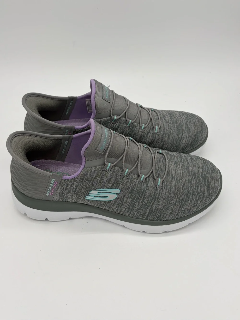Skechers Women's Gray Slip-On Athletic Sneakers with Lavender and Teal Accents